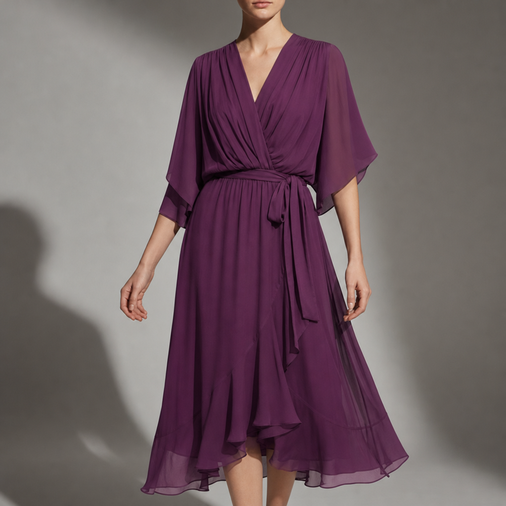 Cefalu Flowy Wrap Midi Dress in Purple