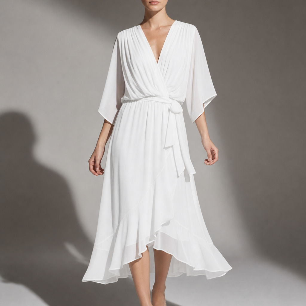 Cefalu Flowy Wrap Midi Dress in White