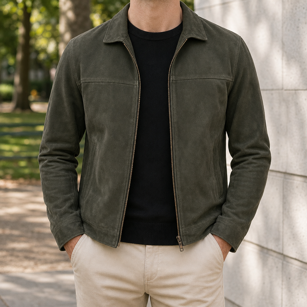 Chania Suede Zip-Up Jacket in Green