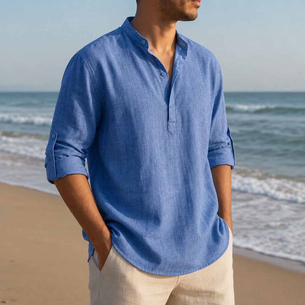 Chianti Linen Henley Shirt in Blue