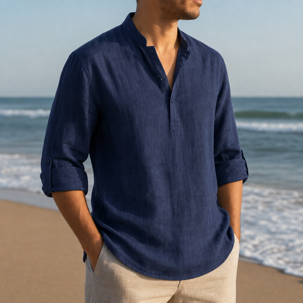 Chianti Linen Henley Shirt in Navy