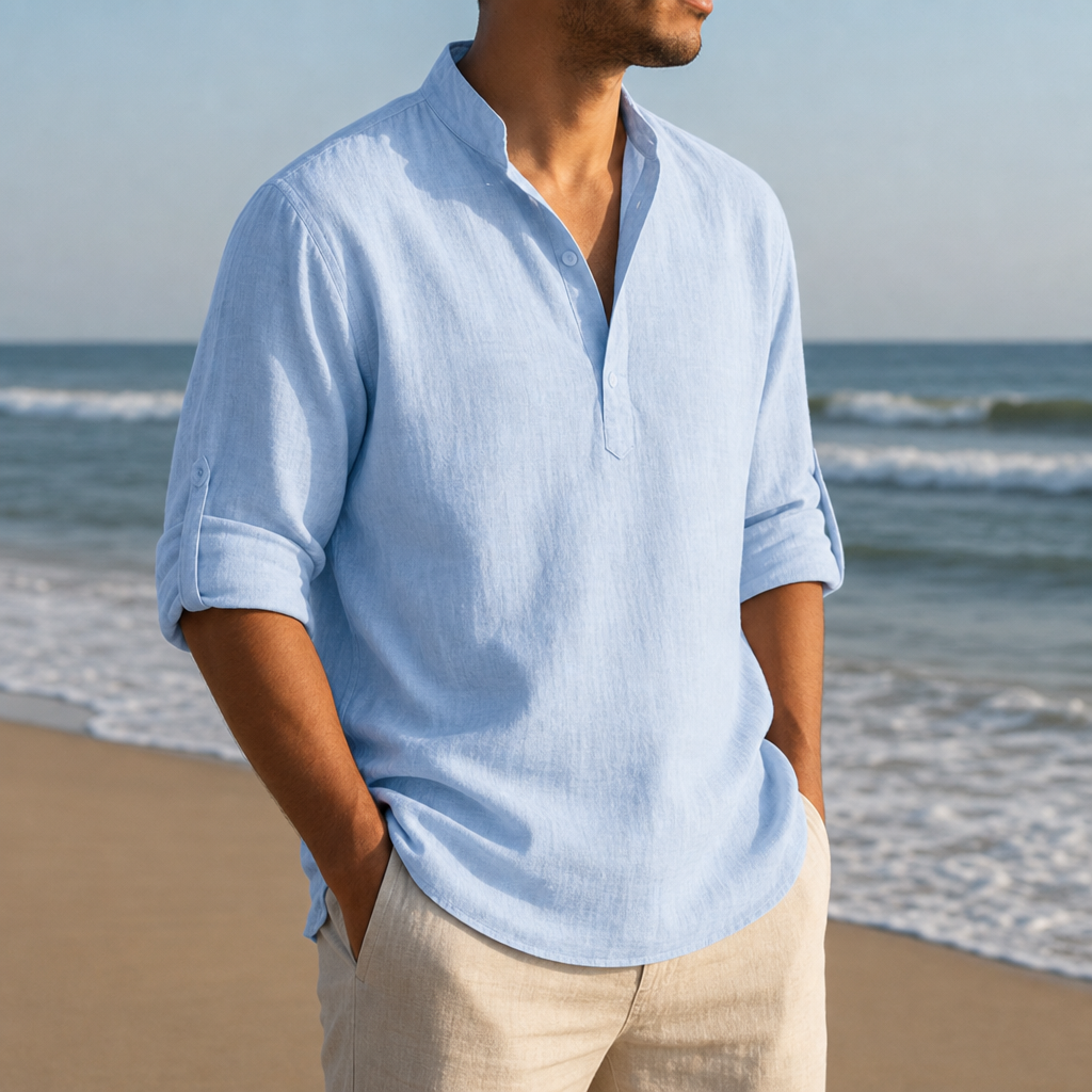 Chianti Linen Henley Shirt in Baby blue