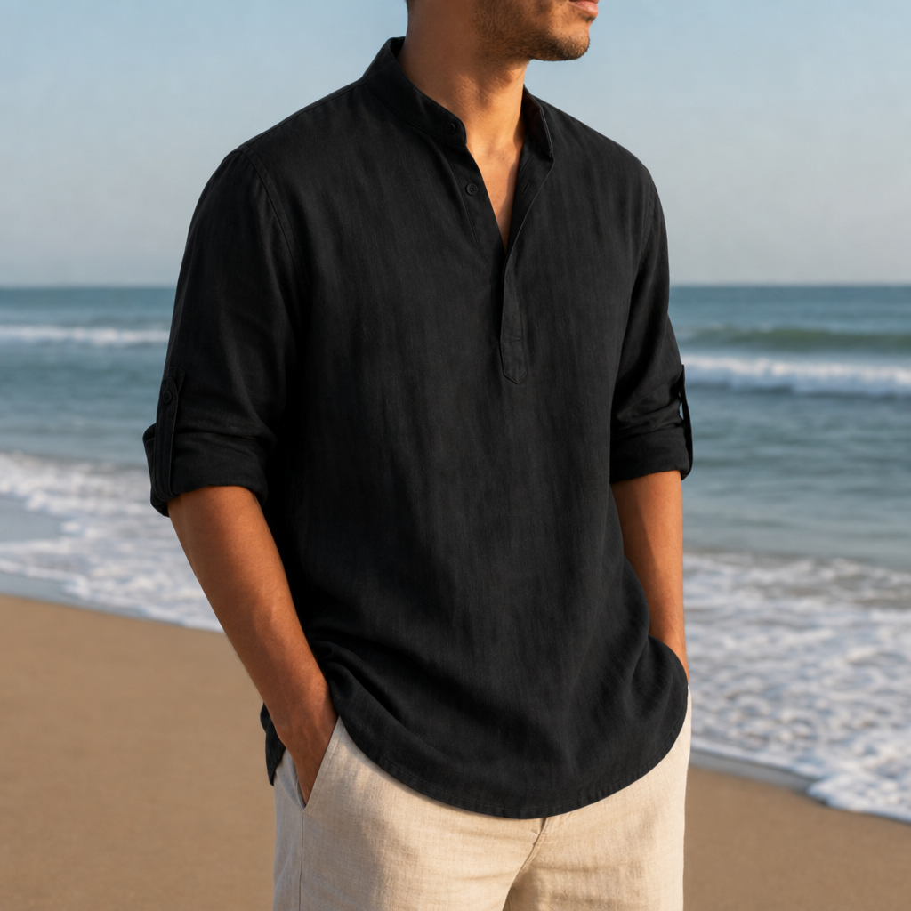 Chianti Linen Henley Shirt in Black