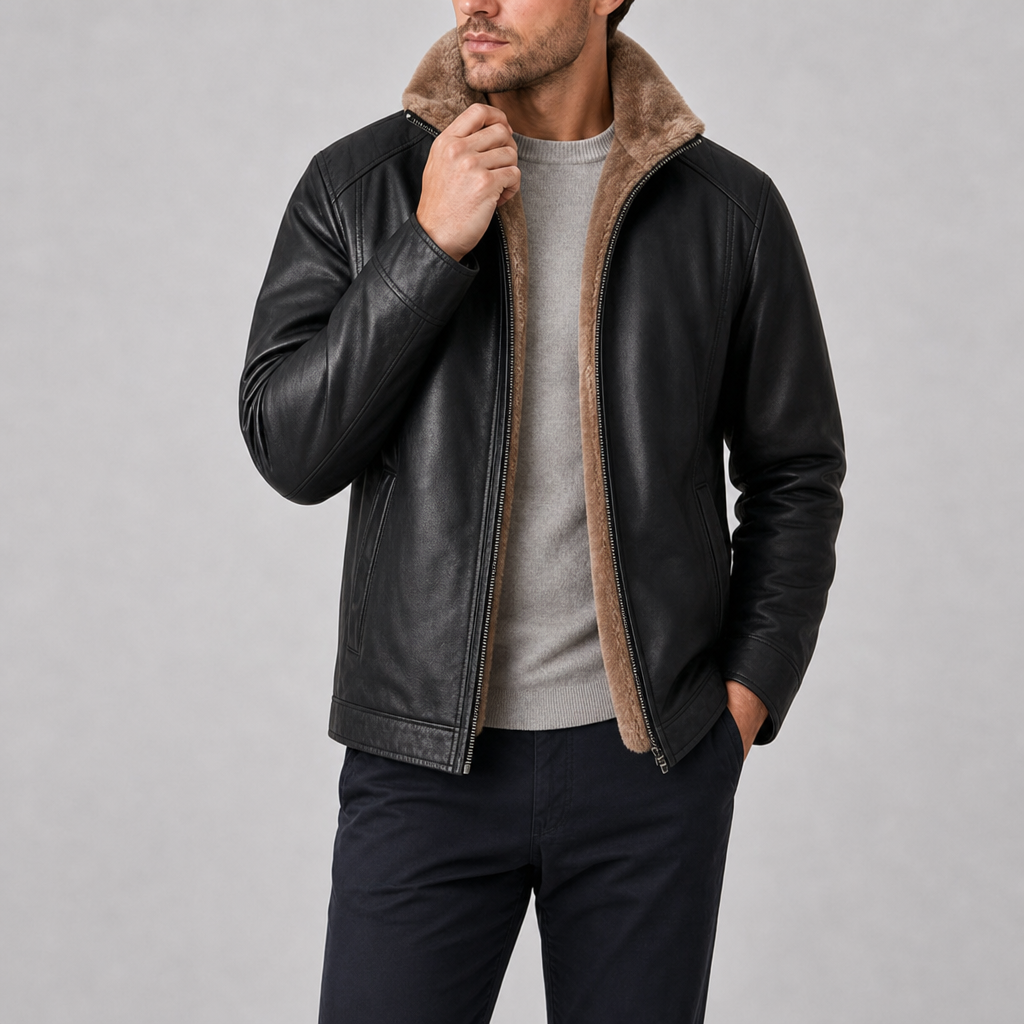 Collioure Shearling Lined Leather Jacket in Black