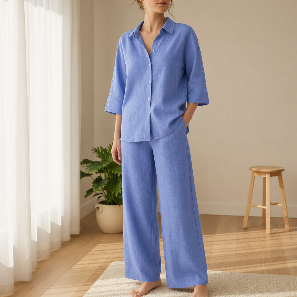Como Linen Two-Piece Set in Lake Blue