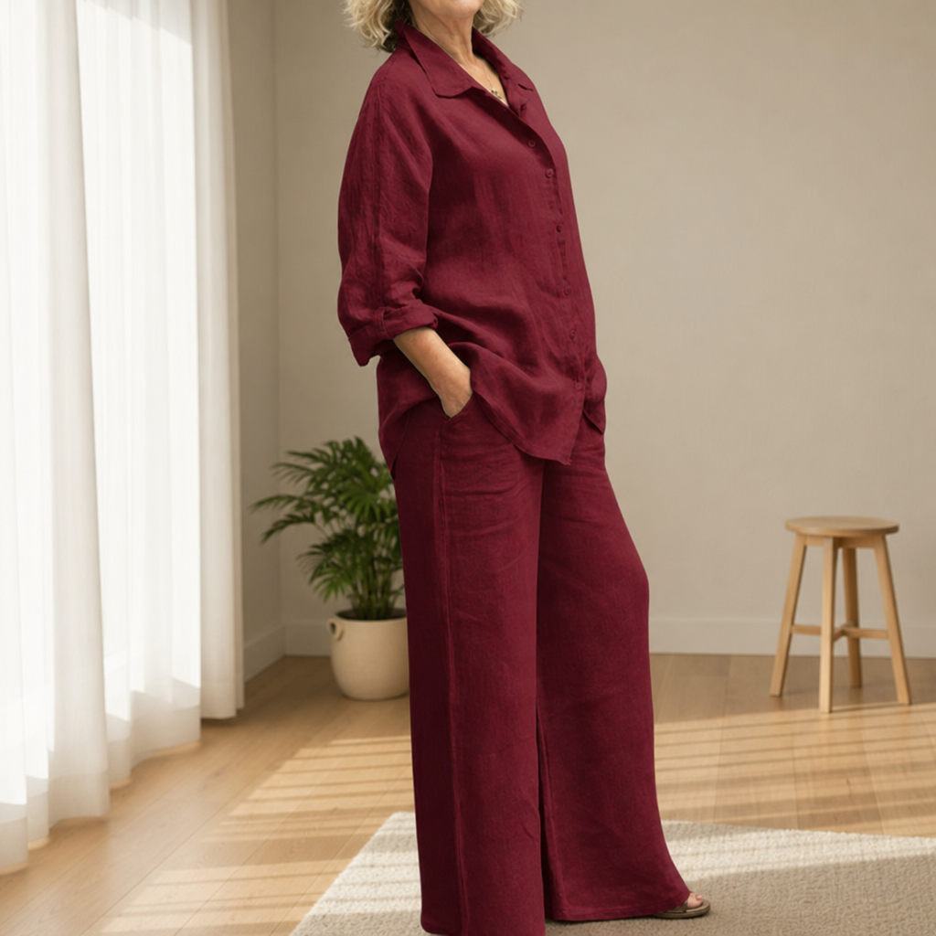Como Linen Two-Piece Set in Burgundy