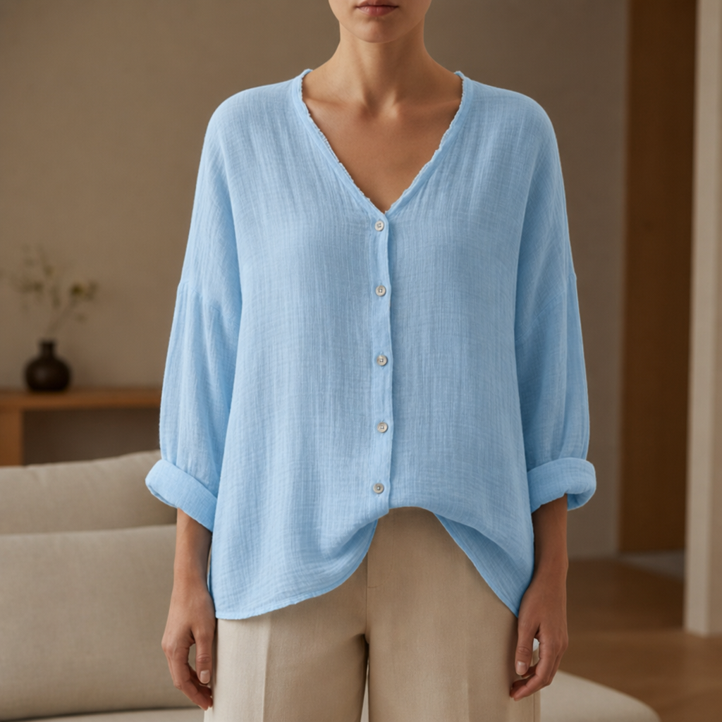 Delphi Linen Button-Up Blouse in Blue
