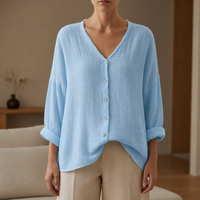 Delphi Linen Button-Up Blouse in Blue