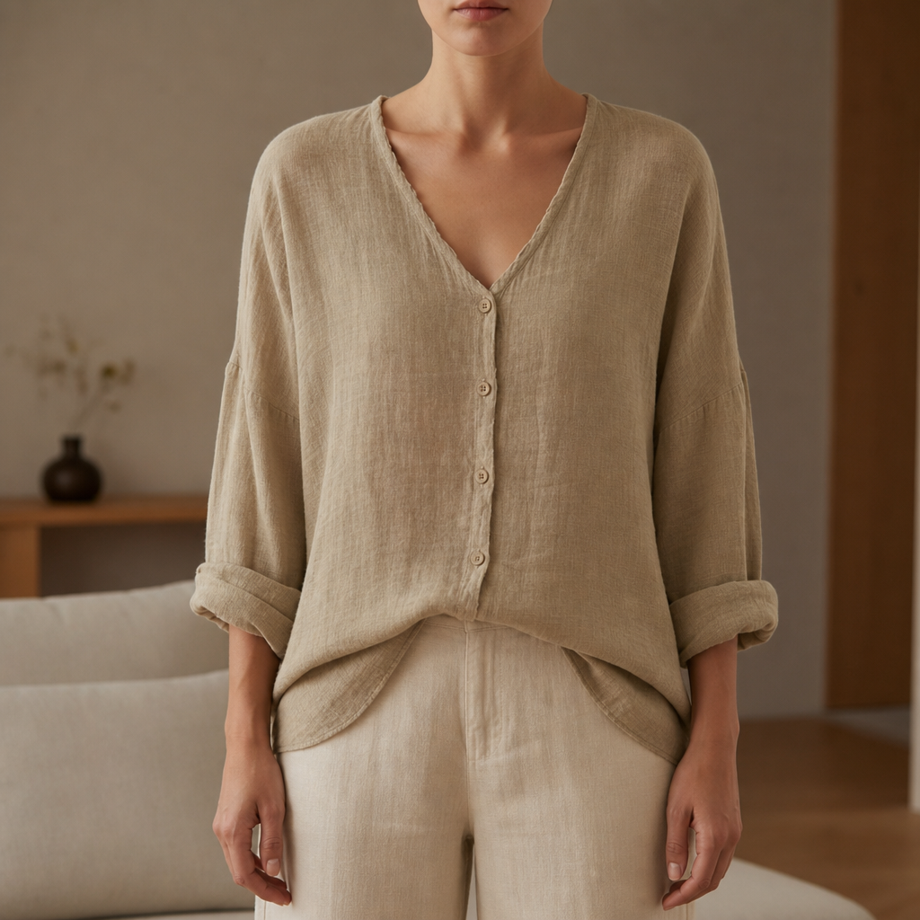 Delphi Linen Button-Up Blouse in Khaki