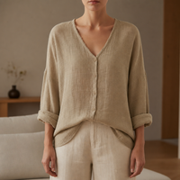 Delphi Linen Button-Up Blouse in Khaki