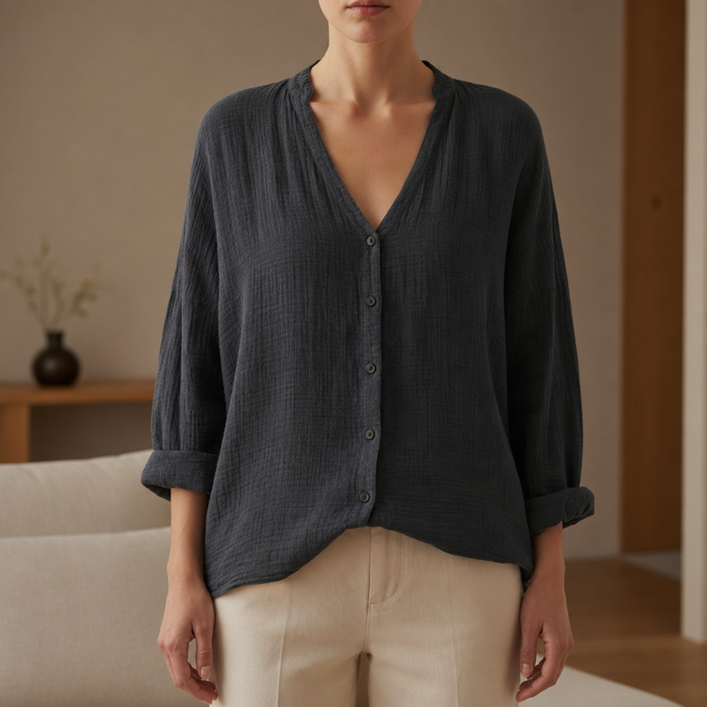 Delphi Linen Button-Up Blouse in Black