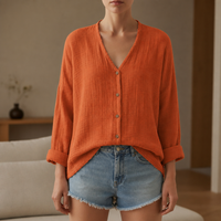 Delphi Linen Button-Up Blouse in Orange