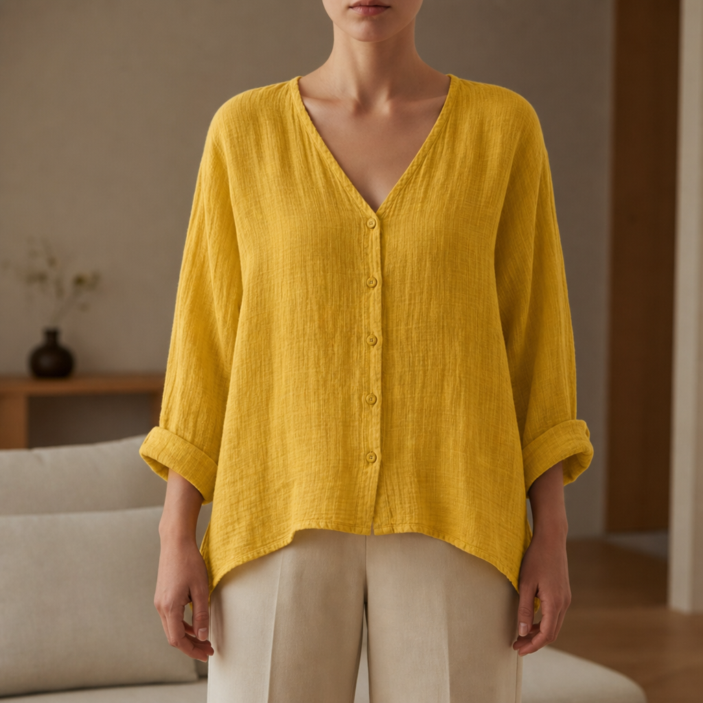 Delphi Linen Button-Up Blouse in Yellow