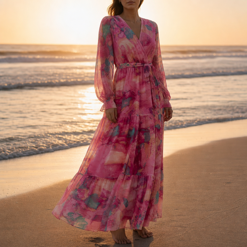 Elounda Floral Chiffon Maxi Dress in Red Pink
