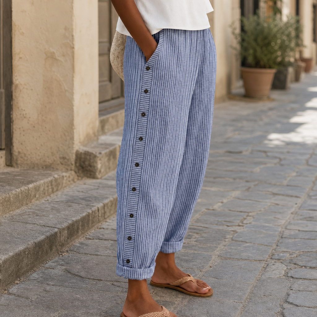 Erice Striped Button Wide-Leg Pants in Dark Blue