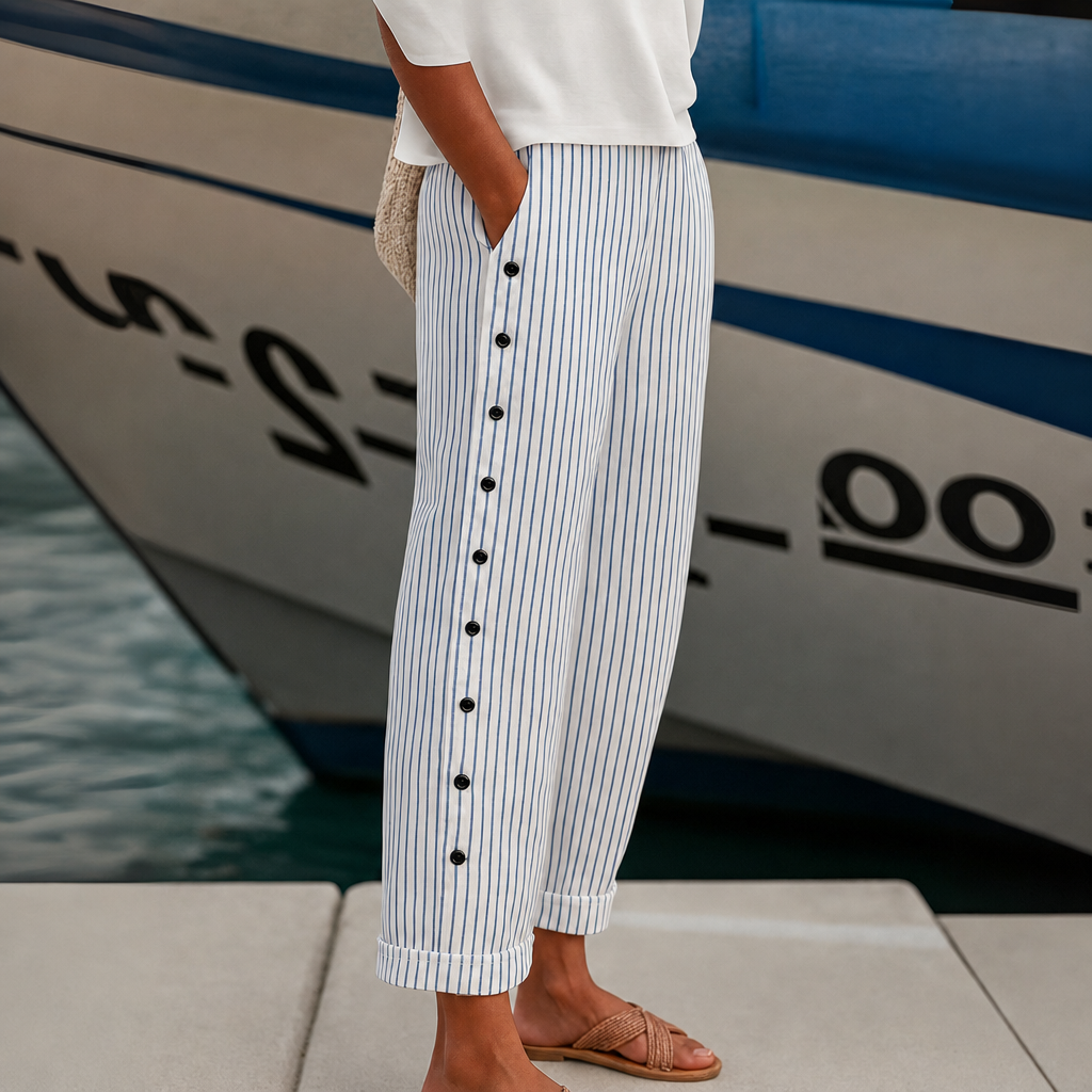 Erice Striped Button Wide-Leg Pants in Grey