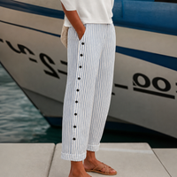 Erice Striped Button Wide-Leg Pants in Grey