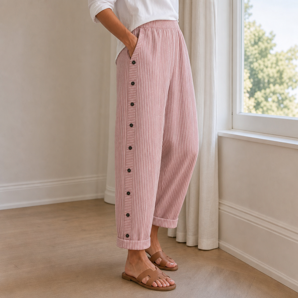 Erice Striped Button Wide-Leg Pants in Pink