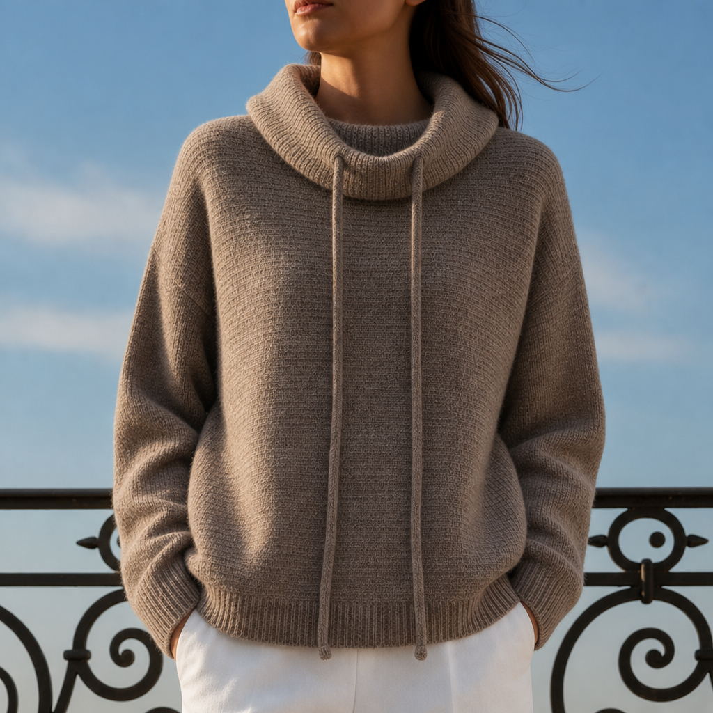 Ericeira Cowl Neck Knit Hoodie in Brown