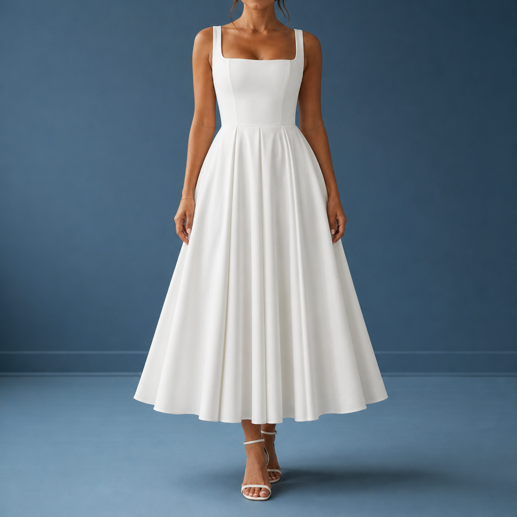 Fiesole Strappy Volume-Hem Midi Dress in White