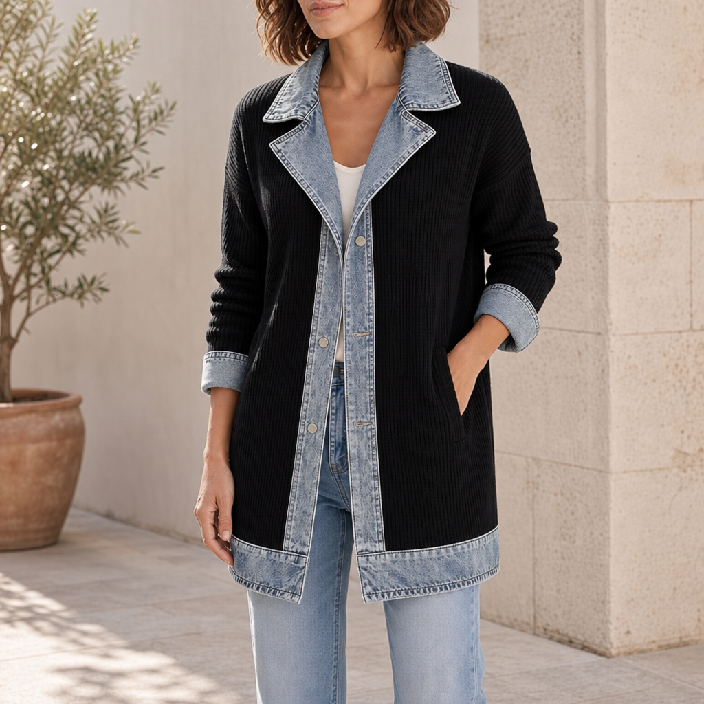 Funchal Denim Trim Cardigan Jacket in Black