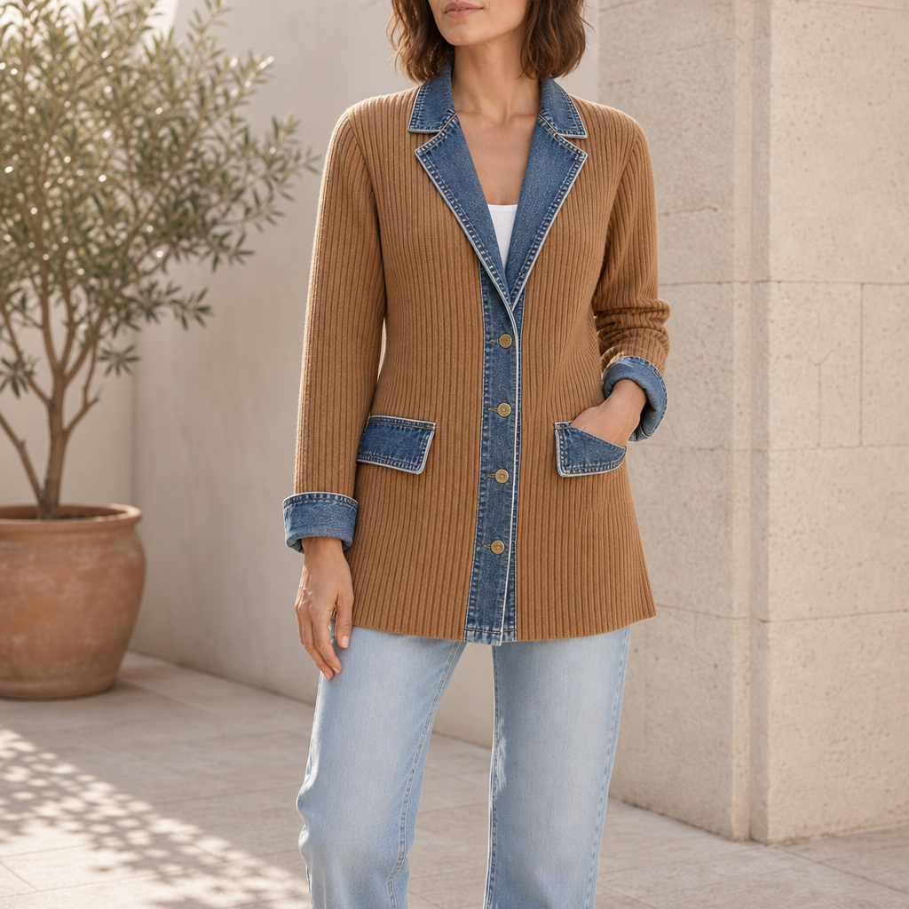 Funchal Denim Trim Cardigan Jacket in Khaki