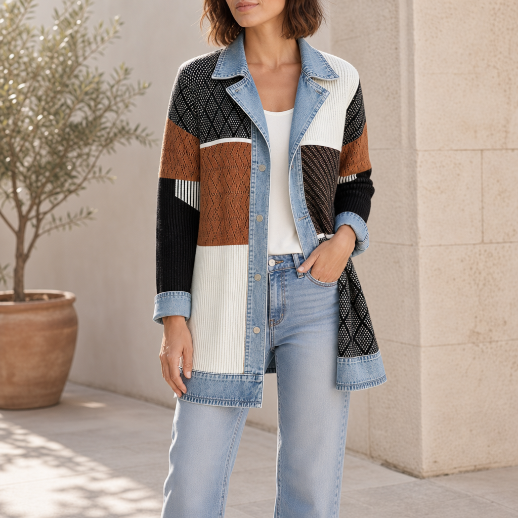 Funchal Denim Trim Cardigan Jacket in Multicolor