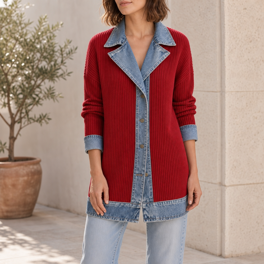 Funchal Denim Trim Cardigan Jacket in Red