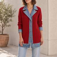 Funchal Denim Trim Cardigan Jacket in Red