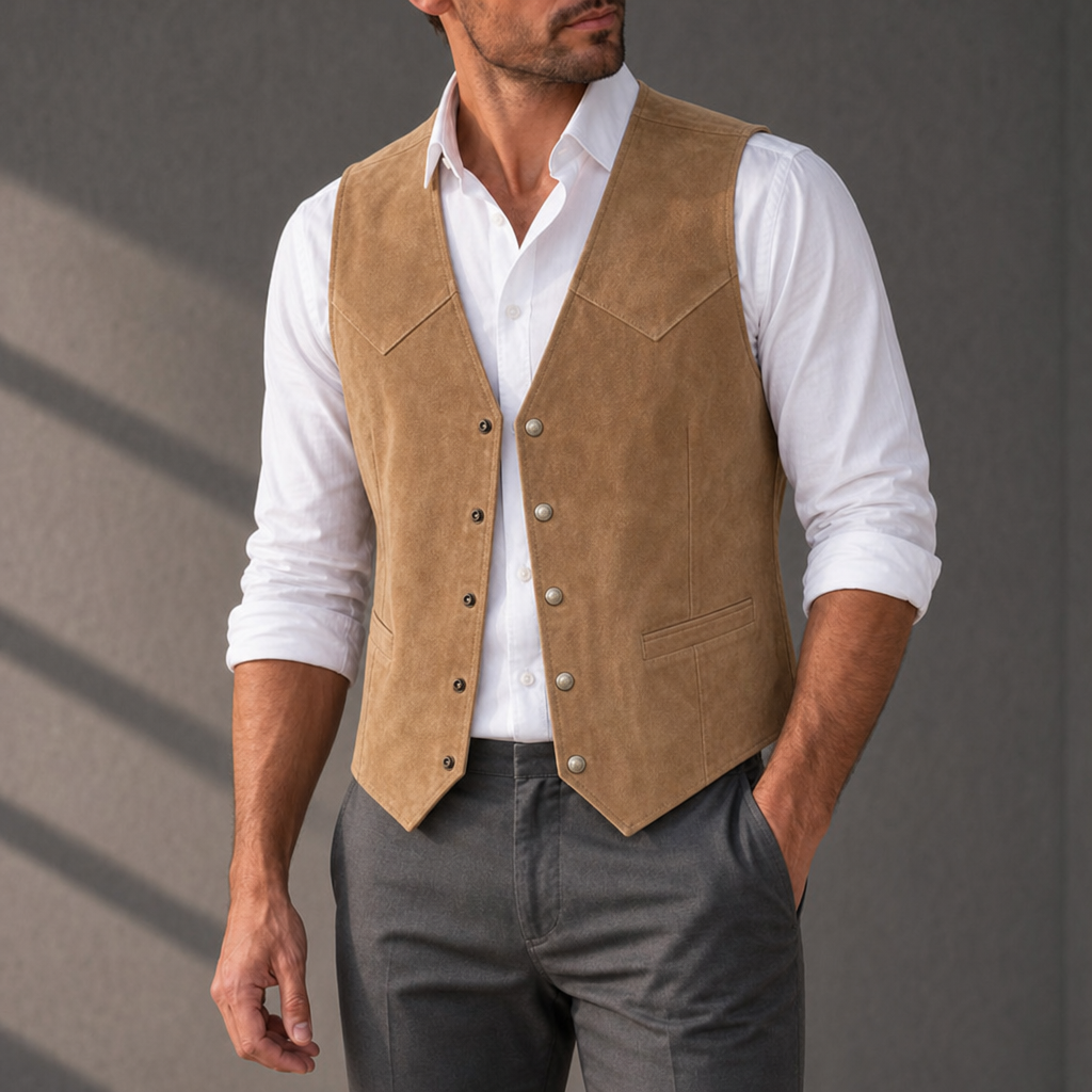 Funchal Western Suede Snap Vest in Beige