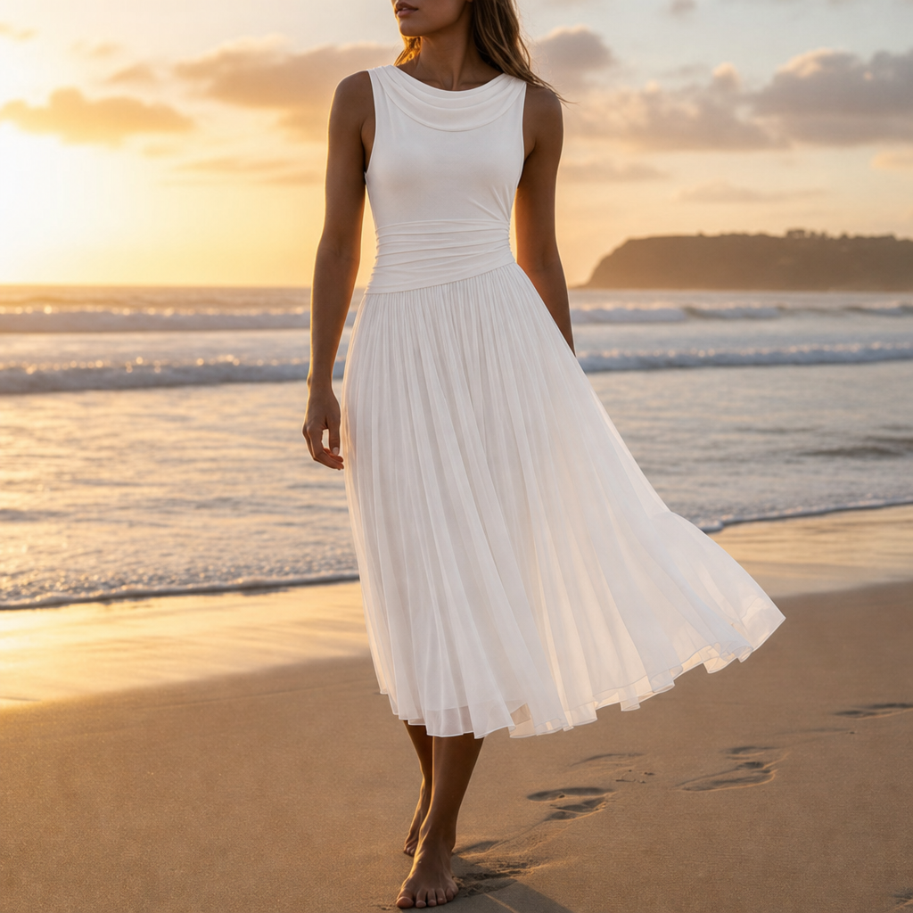 Gijon Pleated Cowl Neck Dress in White