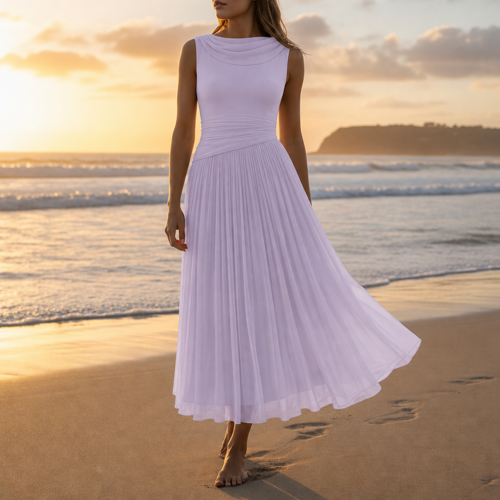 Gijon Pleated Cowl Neck Dress in Lavender