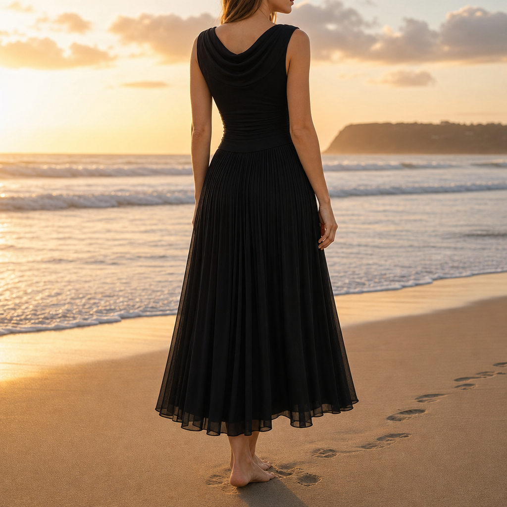 Gijon Pleated Cowl Neck Dress in Black