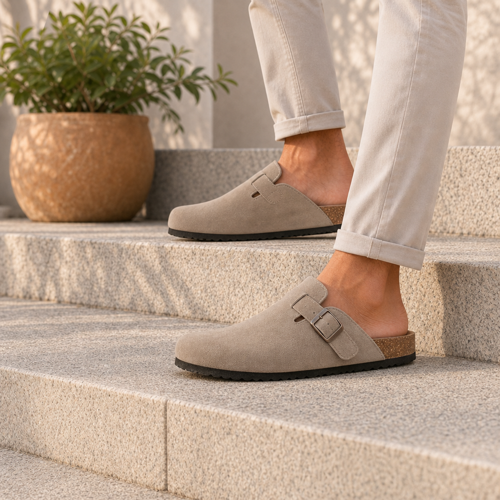 Girona Suede Buckle Clogs in Beige