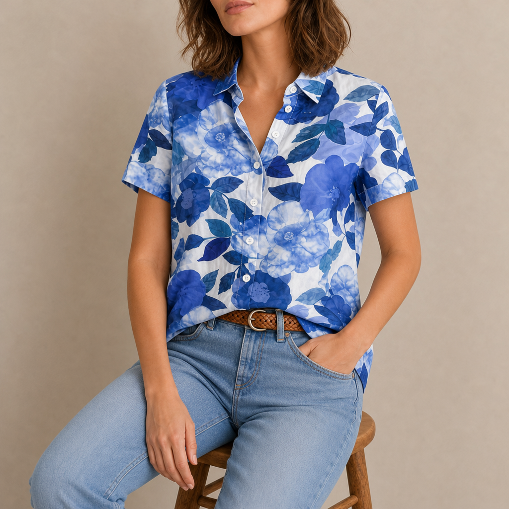 Gozo Floral Button-Up Blouse in Blue
