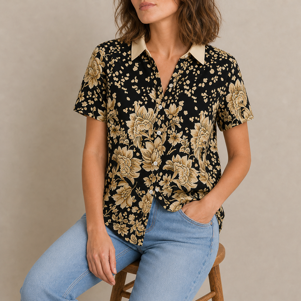 Gozo Floral Button-Up Blouse in Gold