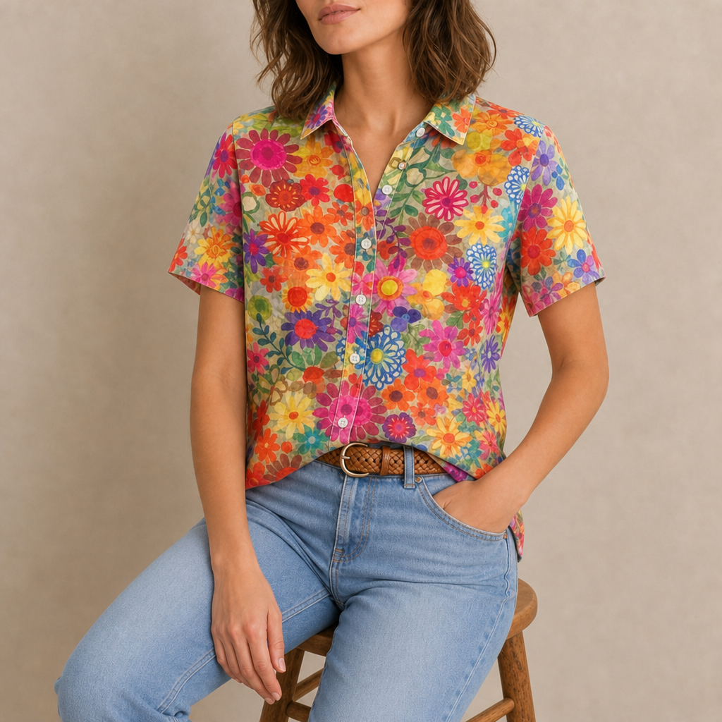 Gozo Floral Button-Up Blouse in Orange