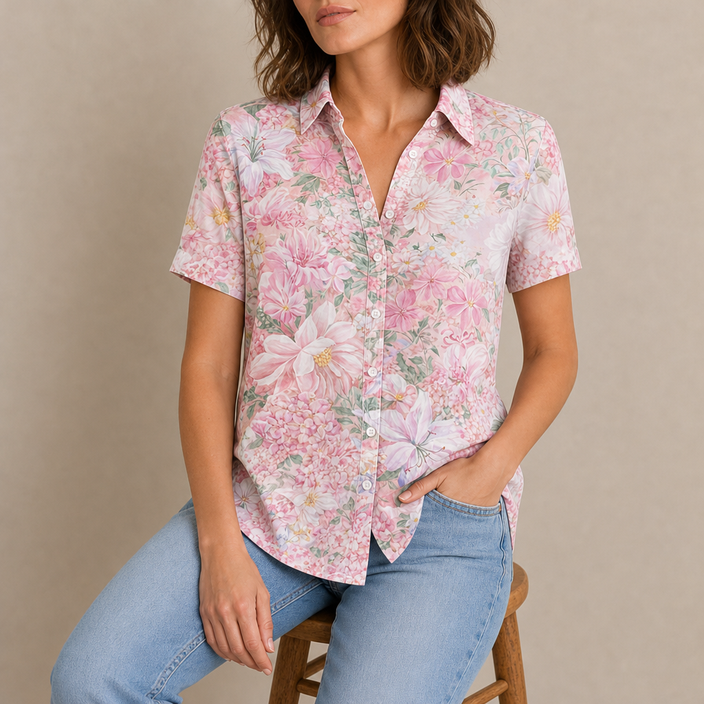 Gozo Floral Button-Up Blouse in Pink