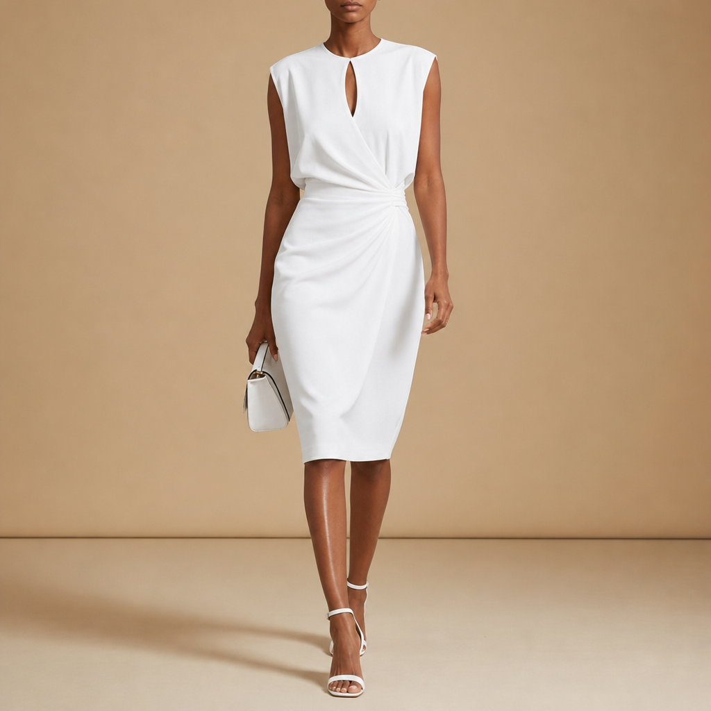 Hydra Ruched Wrap Midi Dress in White