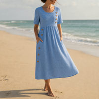 Hyeres Striped Button Midi Dress in Blue