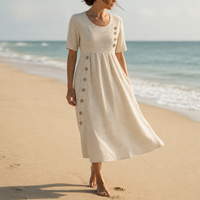 Hyeres Striped Button Midi Dress in Beige