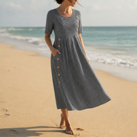 Hyeres Striped Button Midi Dress in Gray