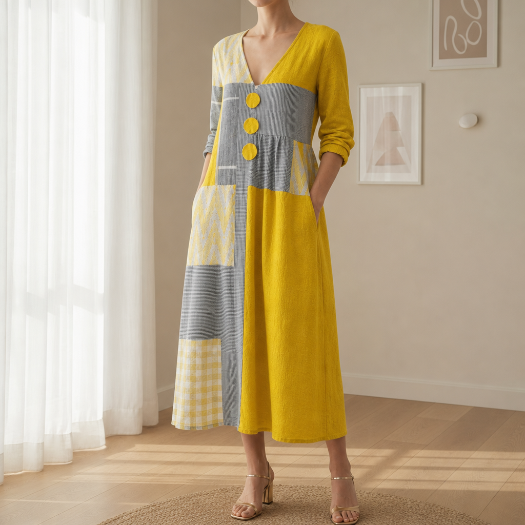 Ikaria Patchwork Button Midi Dress in Yellow & Gray