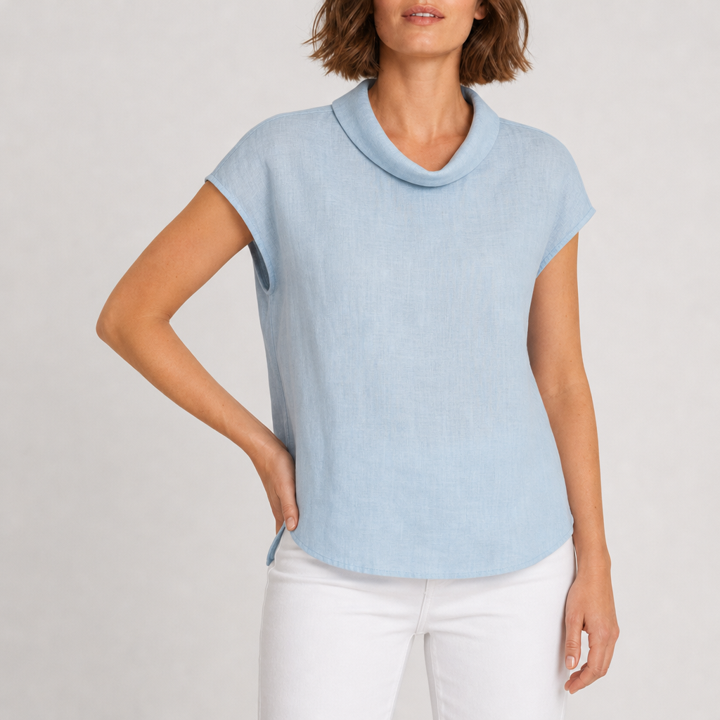 Kakopetria Linen Cap Sleeve Blouse in Ice Blue
