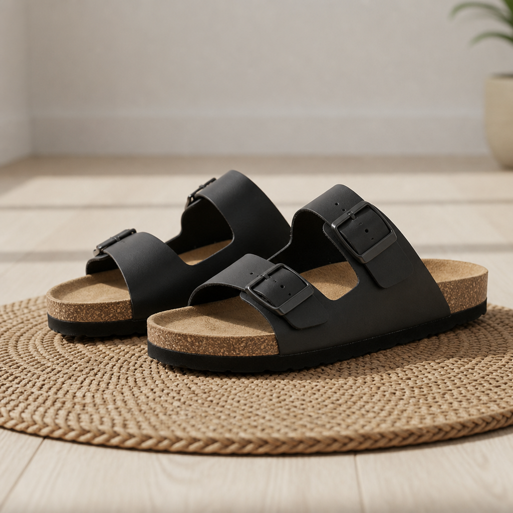 Kardamyli Double Strap Buckle Sandals in Black