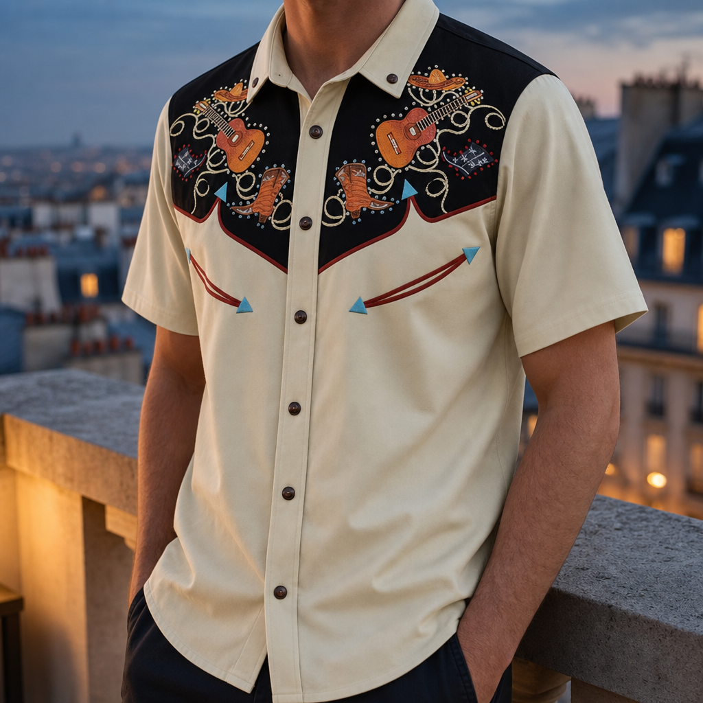 Kyrenia Embroidered Western Shirt in Cream And Black