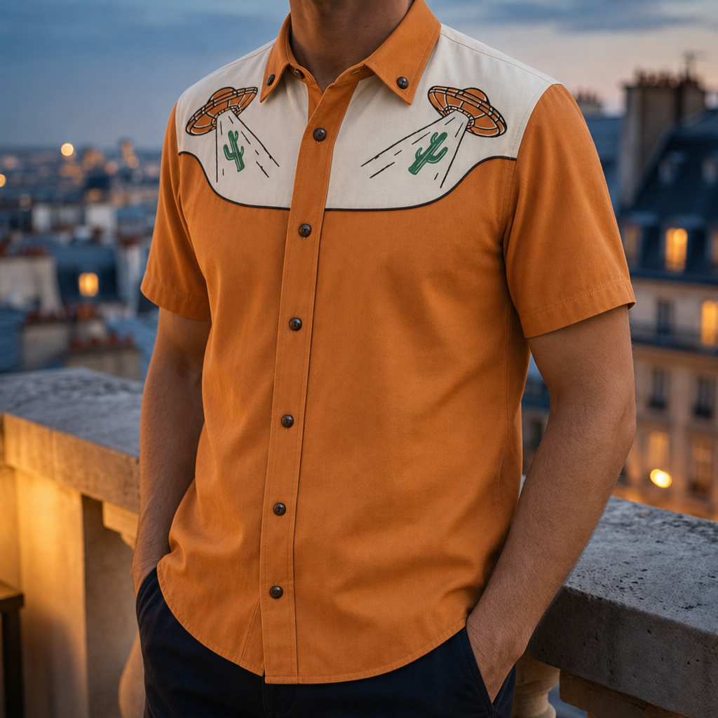 Kyrenia Embroidered Western Shirt in Burnt Orange And Cream
