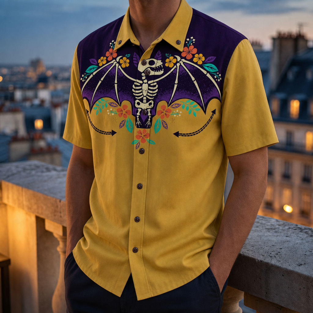 Kyrenia Embroidered Western Shirt in Mustard Yellow And Dark Purple