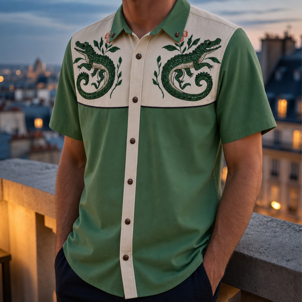 Kyrenia Embroidered Western Shirt in Green And Cream