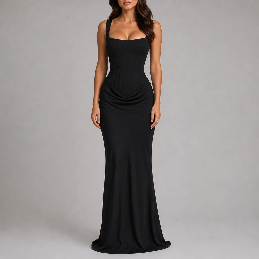 Kythnos Corset Ruched Maxi Dress in Black